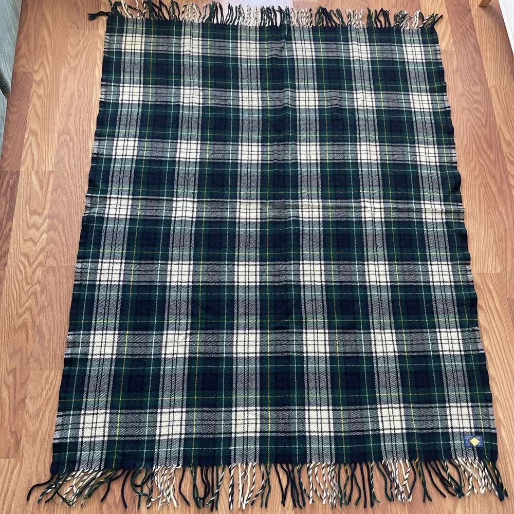 Vintage Pendleton Wool Blanket Throw Plaid Tartan Fringed Green Blue Made in USA